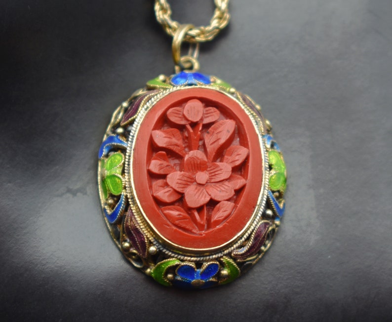 50's carved cinnabar flower gilt silver cloisonne pendant, ornate enamel 925 sterling vermeil necklace image 10