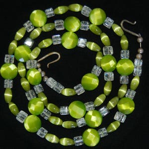 Mod 60's neon green cats eye crackle glass sterling necklace, psychedelic 925 silver beaded statement image 1