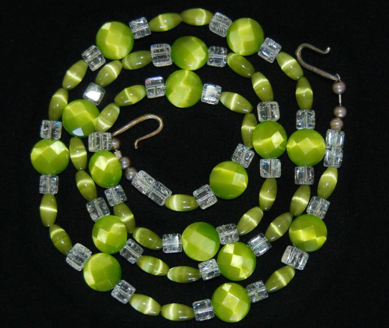 Mod 60's neon green cats eye crackle glass sterling necklace, psychedelic 925 silver beaded statement image 1