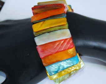 70's dyed Mother of Pearl stretch panel funky beach boho bracelet, big multicolored MOP shell hippie couture surfer extension cuff statement