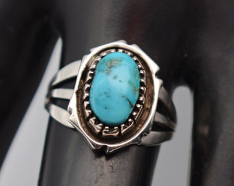 70's turquoise sterling size 7.25 Southwestern solitaire, unusual 925 silver blue stone rocker ring