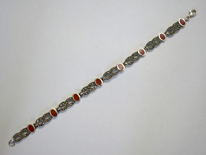 80's Art Deco sterling coral pyrite figure 8 bling bracelet, 925 silver marcasite infinity links image 6