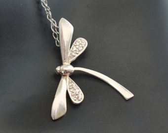 Charming 90's sterling crystal dragonfly pendant, whimsical SB 925 silver insect bling necklace