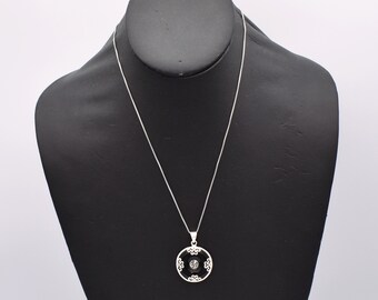 60's sterling clouds black onyx donut pendant, 925 silver & stone Chinese good fortune necklace