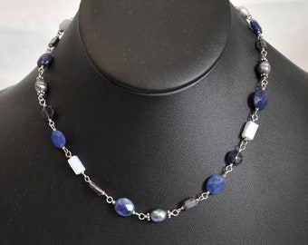 70's sterling and stones choker, iolite banded agate peacock white & grey pearl 925 silver necklace