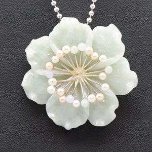 Vintage Whitney Kelly jade pearl sterling silver pendant brooch, big WK 925 China jadeite flower necklace image 1