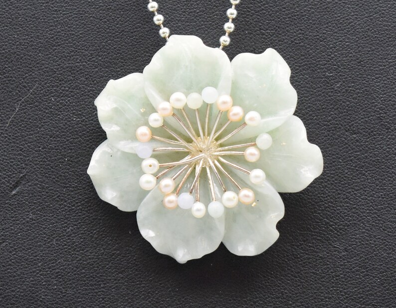 Vintage Whitney Kelly jade pearl sterling silver pendant brooch, big WK 925 China jadeite flower necklace image 1