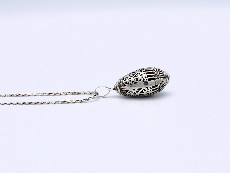 80's sterling marcasite ornate egg pendant, unusual Byzantine 925 silver pyrite cage necklace image 8