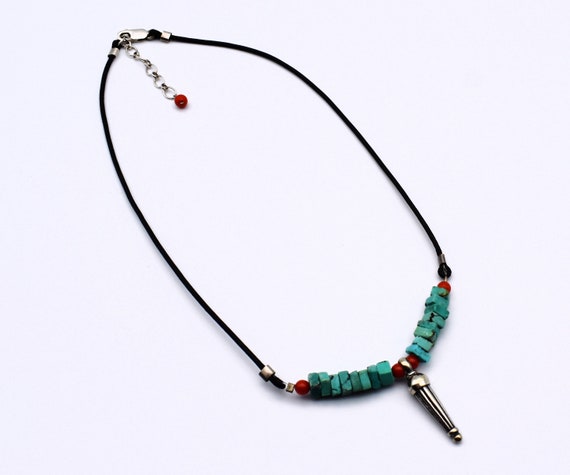 70's turquoise coral sterling leather rocker neck… - image 5