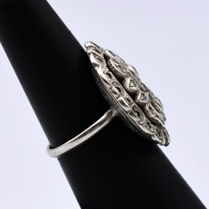 30's Art Deco cast sterling marcasite size 6.5 flower ring, ornate satin 925 silver pyrite oval ring image 4