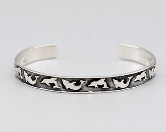 90's sterling leaping dolphins cuff, Mexico 925 silver dancing porpoises stacking bracelet