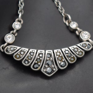 80's Art Deco style sterling & crystal bib, abstract 925 silver scalloped triangle necklace image 4