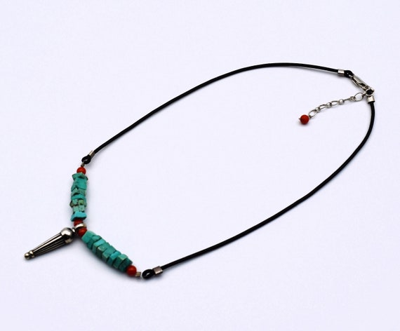 70's turquoise coral sterling leather rocker neck… - image 8