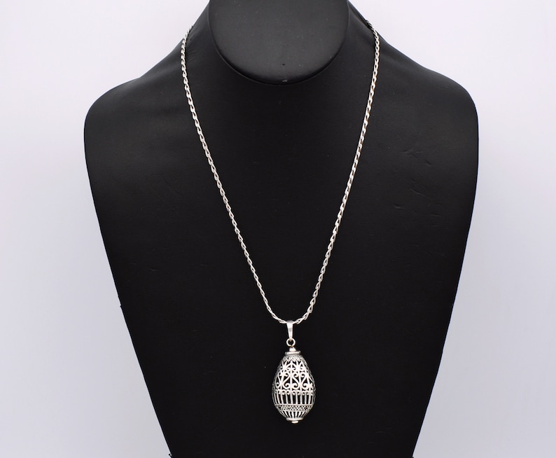 80's sterling marcasite ornate egg pendant, unusual Byzantine 925 silver pyrite cage necklace image 1