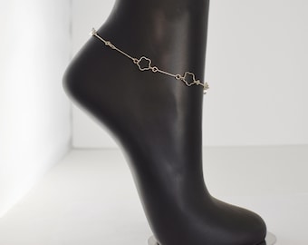 70's minimalist 925 silver flower chain ankle bracelet, sterling wire clover & bars hippie anklet