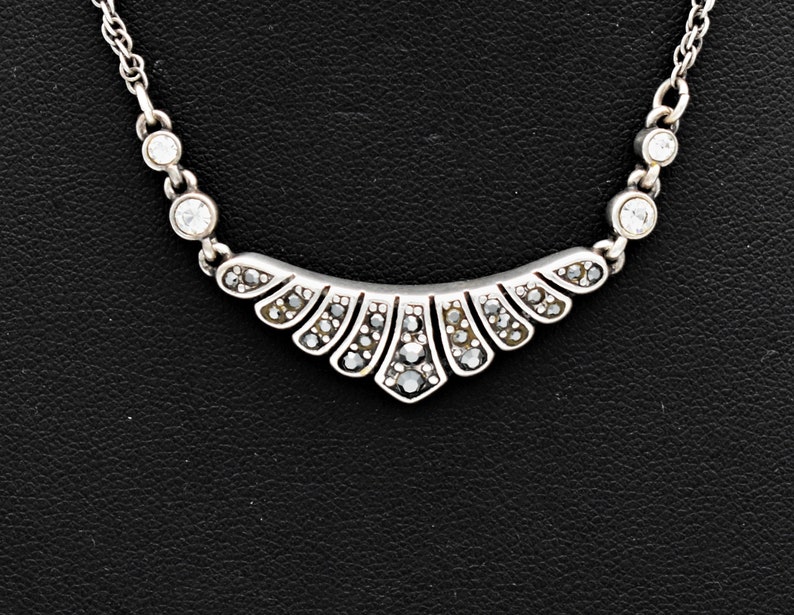 80's Art Deco style sterling & crystal bib, abstract 925 silver scalloped triangle necklace image 10