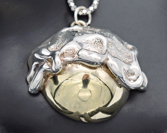 Avant Garde 60's sterling vermeil cloudy globe pendant, abstract 925 silver popcorn chain necklace