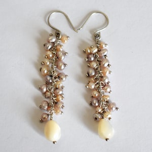 70&#39;s sterling seed pearl Mother of Pearl cha cha dangles, 925 silver pink & cream boho bride earrings