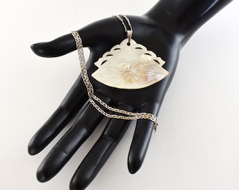 60's blister pearl MOP 925 silver fan pendant, boho carved Mother of Pearl sterling mariner chain necklace