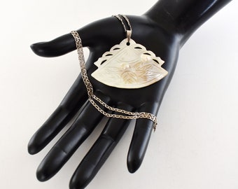 Vintage 60s Mother of Pearl Fan Pendant, Blister Pearl Sterling Silver Necklace