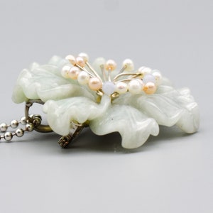 Vintage Whitney Kelly jade pearl sterling silver pendant brooch, big WK 925 China jadeite flower necklace image 3