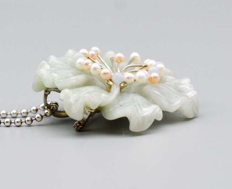 Vintage Whitney Kelly jade pearl sterling silver pendant brooch, big WK 925 China jadeite flower necklace image 3