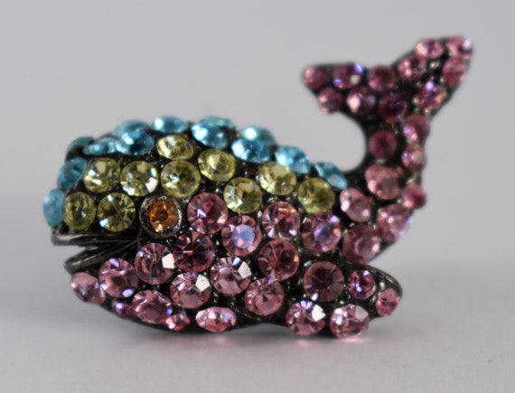 60's gunmetal rhinestone smiling whale brooch, wh… - image 7