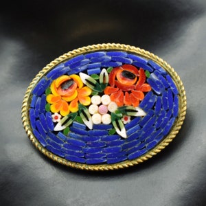50's micro mosaic oval flowers pin, vibrant blue background gold plate floral safety pin brooch image 1