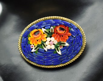 50's micro mosaic oval flowers pin, vibrant blue background gold plate floral safety pin brooch