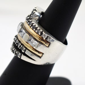 80's 18k PE 925 silver goshenite size 6.5 wide bling band, edgy sterling & yellow gold white beryl statement ring image 6