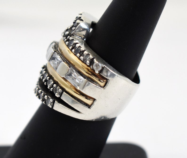 80's 18k PE 925 silver goshenite size 6.5 wide bling band, edgy sterling & yellow gold white beryl statement ring image 6