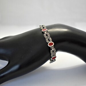 80's Art Deco sterling coral pyrite figure 8 bling bracelet, 925 silver marcasite infinity links image 3