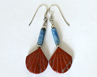 70's 925 silver denim lapis lazuli red jasper palm frond dangles, sterling & stone paddle fan hippie earrings