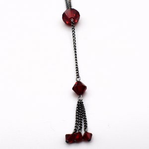 70's sterling dark red crystal Gothic fringe Y necklace, MS Co oxidized 925 silver glass bicones necklace image 8