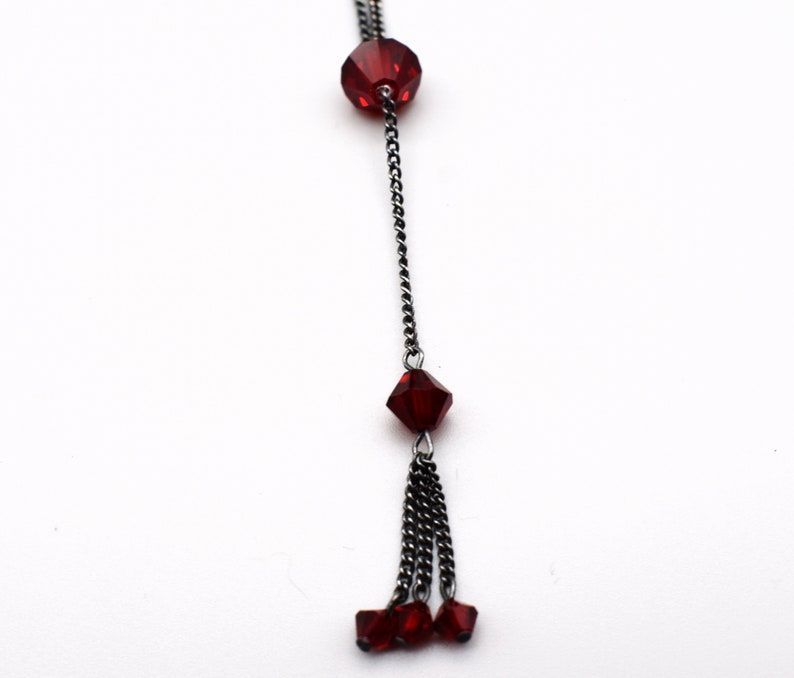 70's sterling dark red crystal Gothic fringe Y necklace, MS Co oxidized 925 silver glass bicones necklace image 8