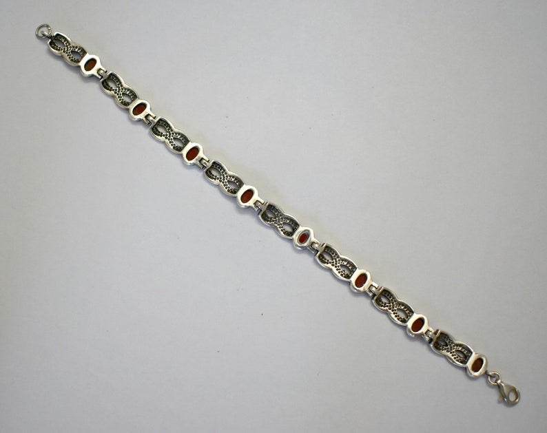 80's Art Deco sterling coral pyrite figure 8 bling bracelet, 925 silver marcasite infinity links image 2