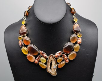 Vintage statement necklace, 925 sterling silver druzy agate biwa pearls yellow tourmaline & glass bib