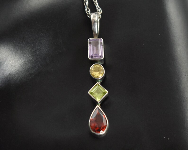 80's amethyst citrine peridot garnet sterling geometric pendant, 925 silver rectangle circle diamond teardrop gems necklace image 1