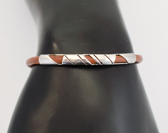 Avant Garde 80's sterling brown leather rocker clasp bangle, Mexico 925 silver edgy Modernist bracelet