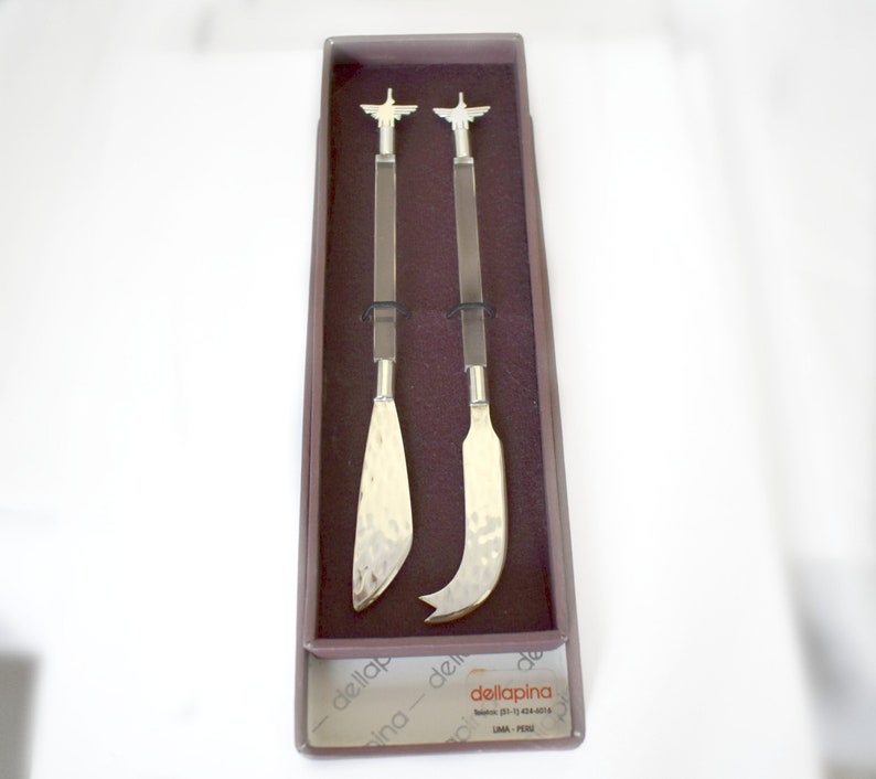 70's Dellapina sterling acrylic phoenix cheese knives, mod Peru 925 silver & clear lucite serving utensils image 1