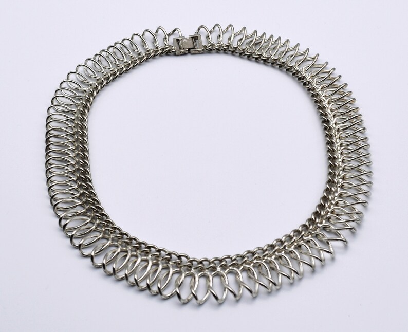 60's Egyptian Revival wide silver tone choker, abstract industrial curved metal statement necklace image 2