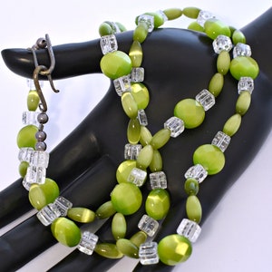 Mod 60's neon green cats eye crackle glass sterling necklace, psychedelic 925 silver beaded statement image 8