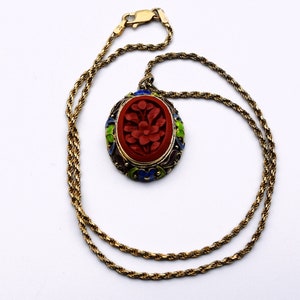 50's carved cinnabar flower gilt silver cloisonne pendant, ornate enamel 925 sterling vermeil necklace image 6