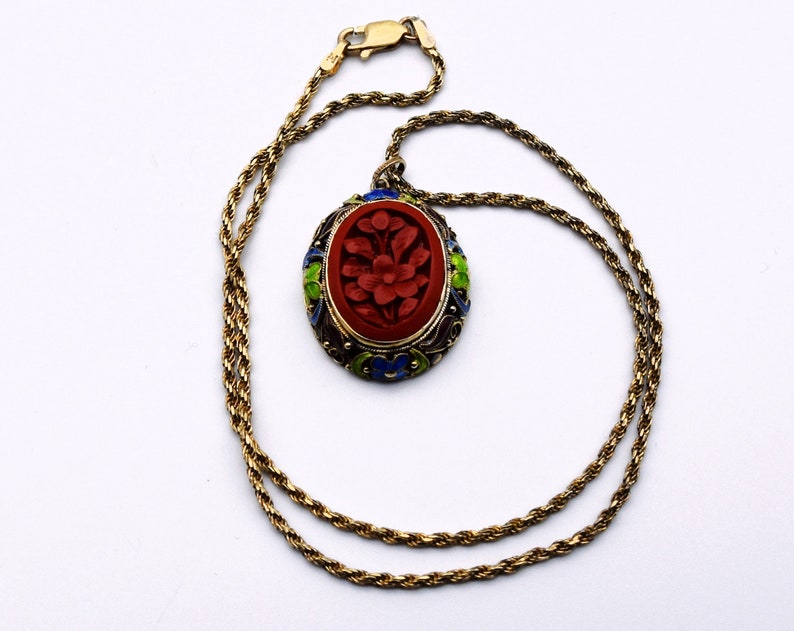 50's carved cinnabar flower gilt silver cloisonne pendant, ornate enamel 925 sterling vermeil necklace image 6