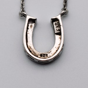 80's sterling marcasite horseshoe affixed pendant, minimalist FAS 925 silver pyrite good luck necklace image 6