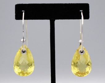 80's citrine teardrop sterling wire threaders, big 3D lemon quartz twisted 925 silver earrings