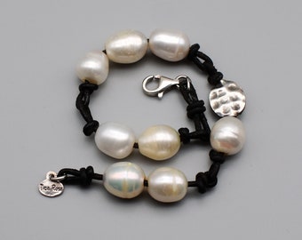 Vintage Tica Rosa 925 silver baroque pearls knotted leather bracelet, edgy elegant sterling asymmetrical stacker