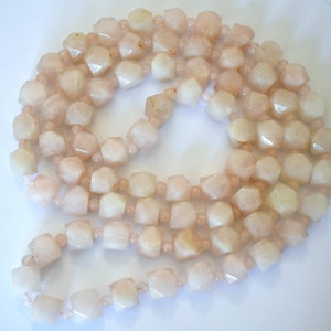 Art Deco 20's rose quartz flapper necklace, hand carved pink polyhedron & round beads opera length chain image 2