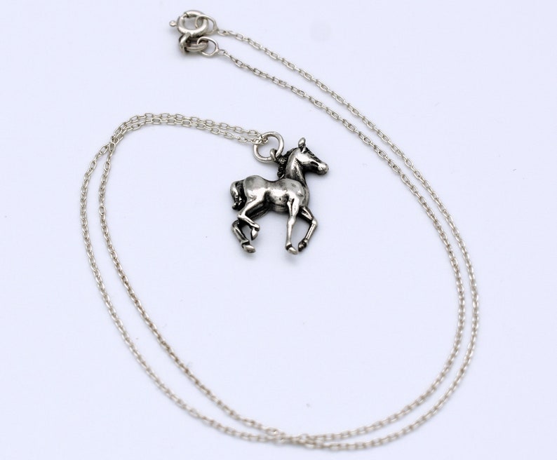 70's sterling prancing horse foal pendant, charming little 925 silver colt filly rolo chain necklace image 8