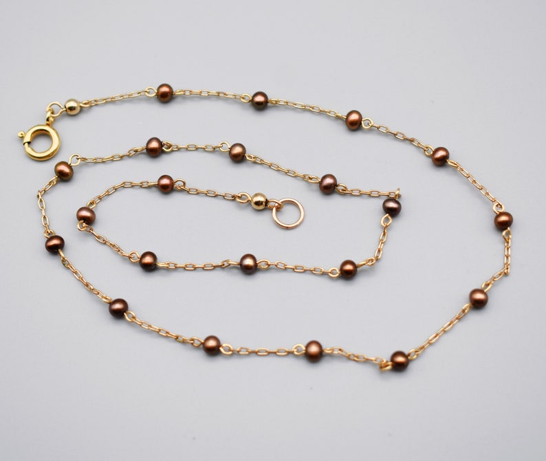 60's 14k GF metal & pearls choker, dainty dyed copper pearls gold filled paper clip chain necklace image 6